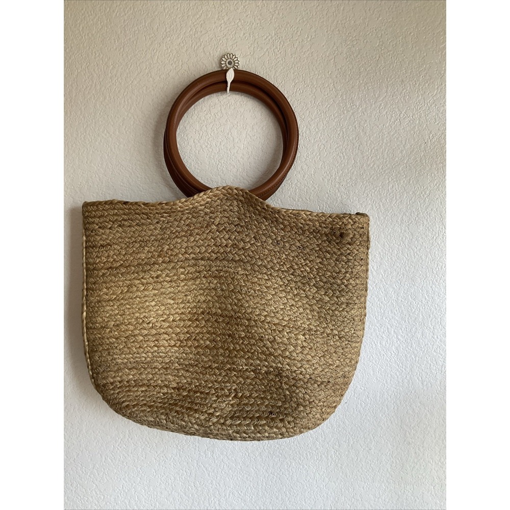 Woven Straw Tote Bag with Brown Ring Handles Natural  Summer Beach Bag J.Jill